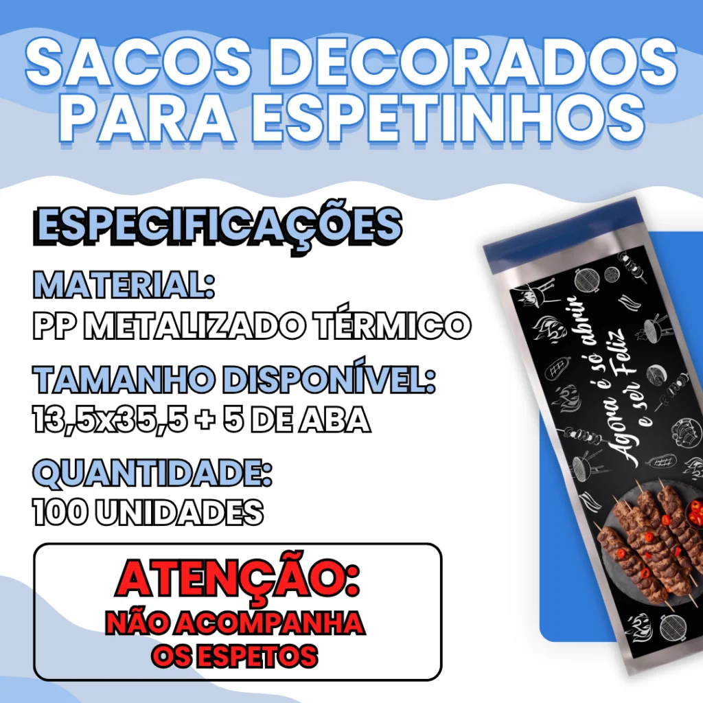 Embalagem Térmica para Espetinho Adesivados para Churrasco Decorado 50, 100, 200, 500 e 1.000 unidades