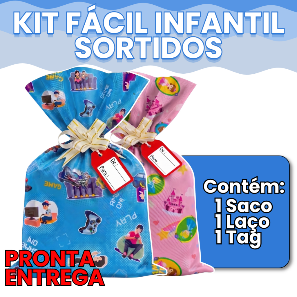 Saco de Presente Dia das Crianças Sortido Kit Fácil Infantil | Estampas Variadas | 15x45 a 50x70