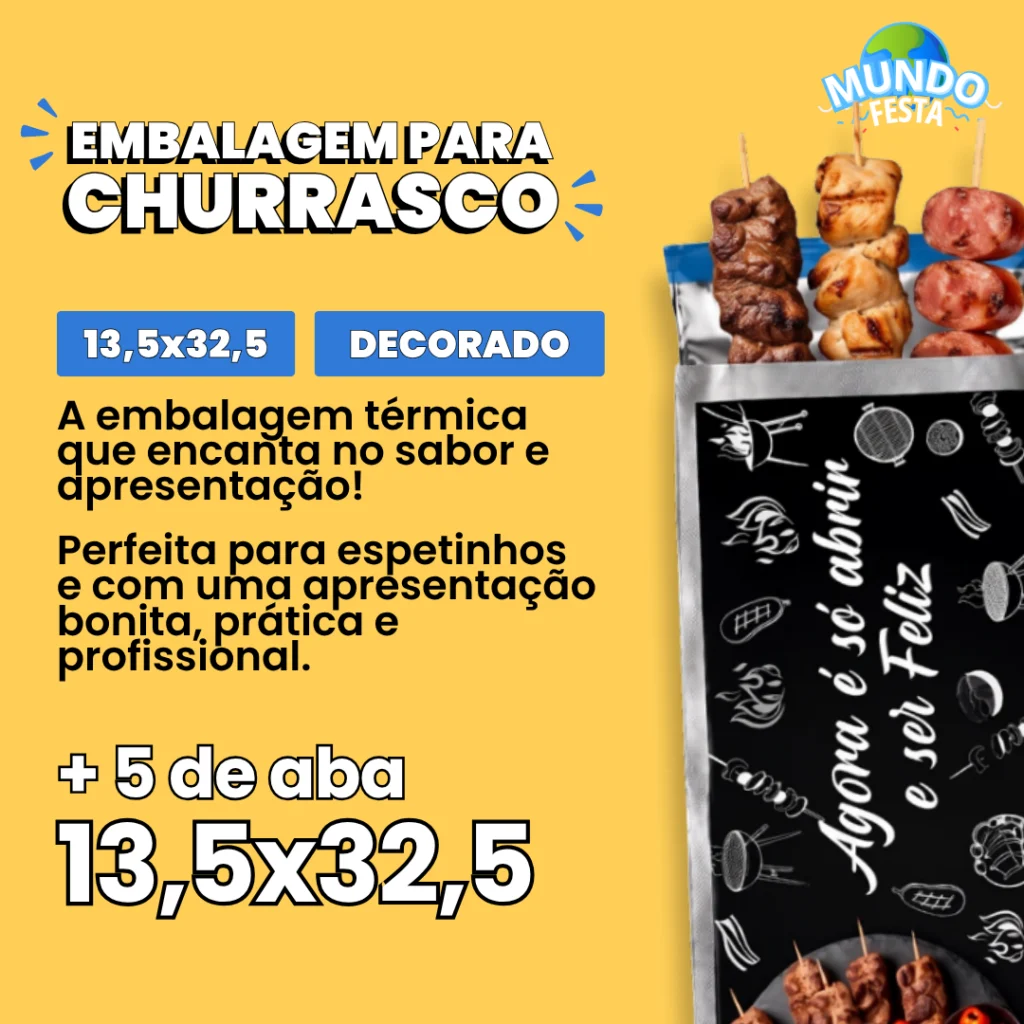Embalagem Térmica para Espetinho Adesivados para Churrasco Decorado 50, 100, 200, 500 e 1.000 unidades
